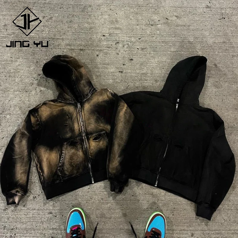 wholesale high quality blank heavyweight 500gsm sunfaded hoodie vintage distressed french terry acid wash zip up hoodie