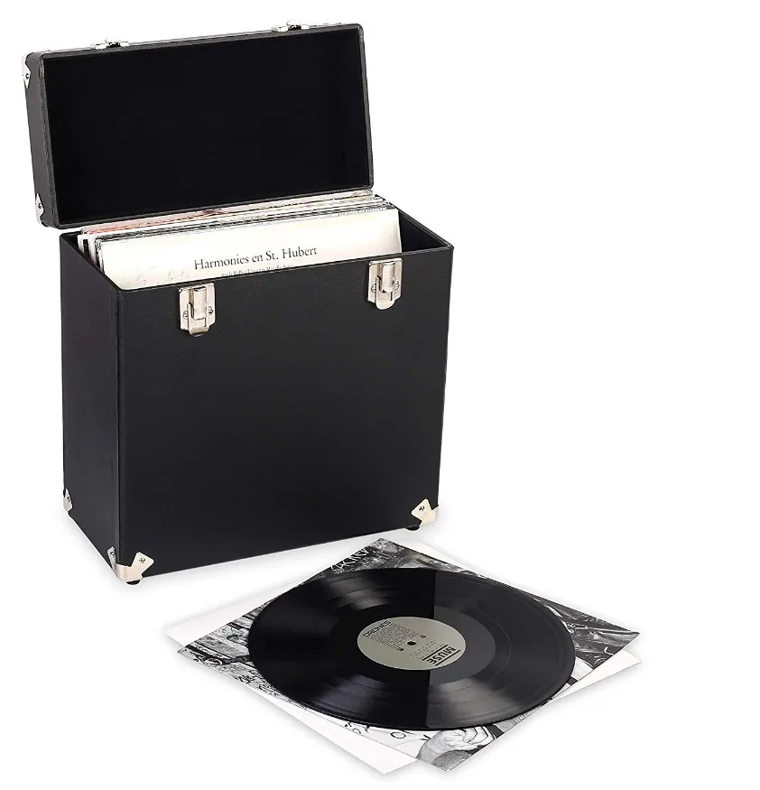 
CD Black Vintage Retro Vinyl Leather Record Storage Carrying Case for 45+ Records (Dust/Scratch Free) - Black-12Inch 