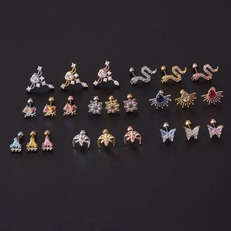 High Quality Korean Jewelry Thin Rod Stainless Steel Colorful Zircon Ear Bone Nails Piercing Screw Stud Earrings
