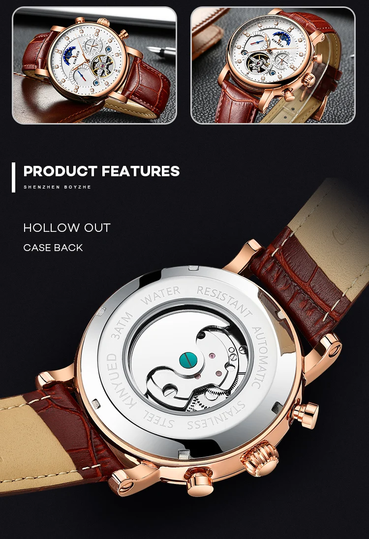 KINYUED Brand J025 White Dial Genuine Leather Watches Skeleton Moon Phase Waterproof Mechanical Men Wristwatches