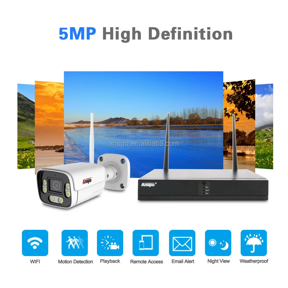 Anspo 5MP full color 4CH WIFI NVR KIT Wireless Security system 4 Channel audio Cctv Camera System 2k Cctv System Home Security