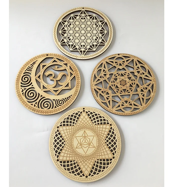 Laser Cutting Wooden Engraved Flower Laser Cut seed of life crystal grid sri yantra wall decor