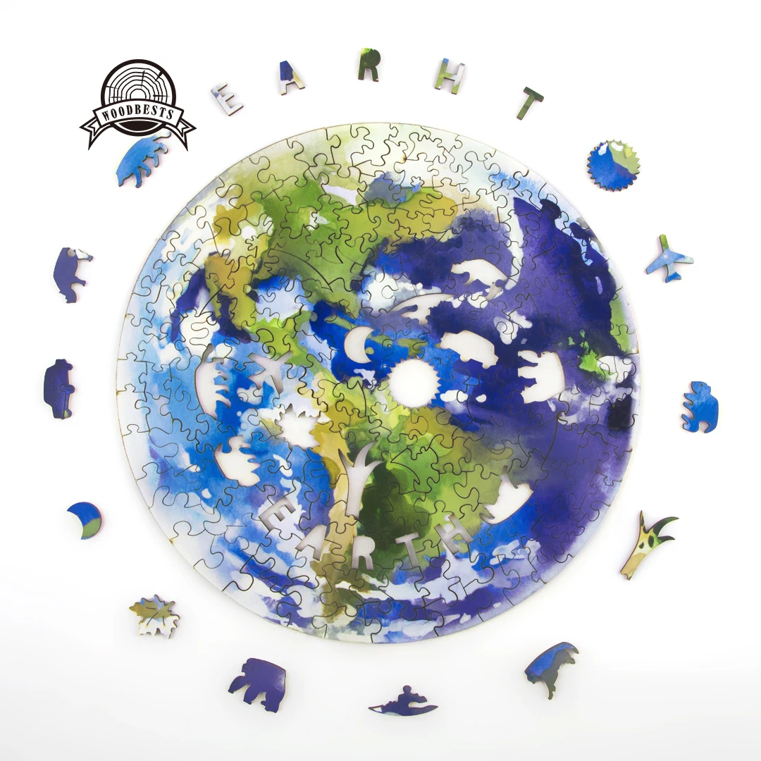 Free shipping EARTH round wood puzzle game, wholesale custom jigsaw puzzles