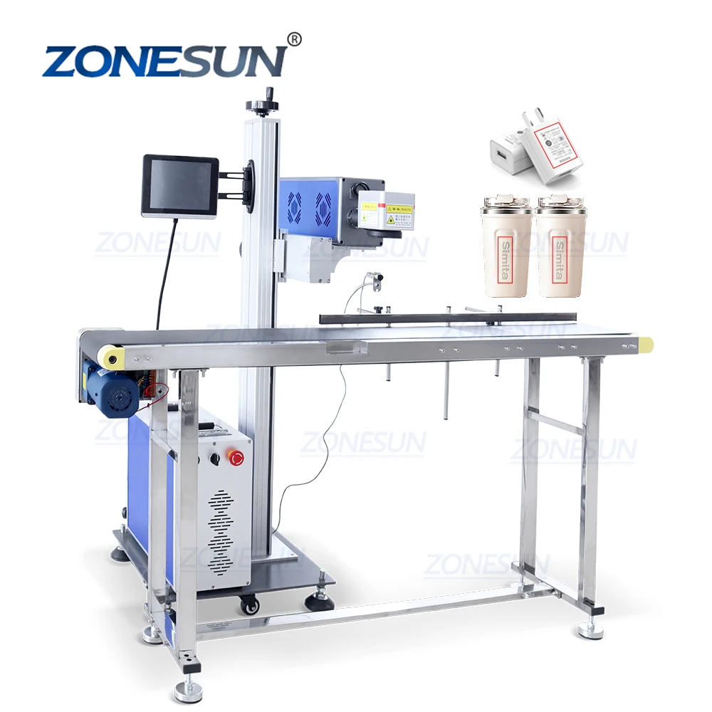 ZONESUN ZS-LMC1 автоматический древесно-пластиковый стеклянные бутылки 30 Вт онлайн CO2 Летающий Galvo Лазерная маркировка машины с конвейерной ленты