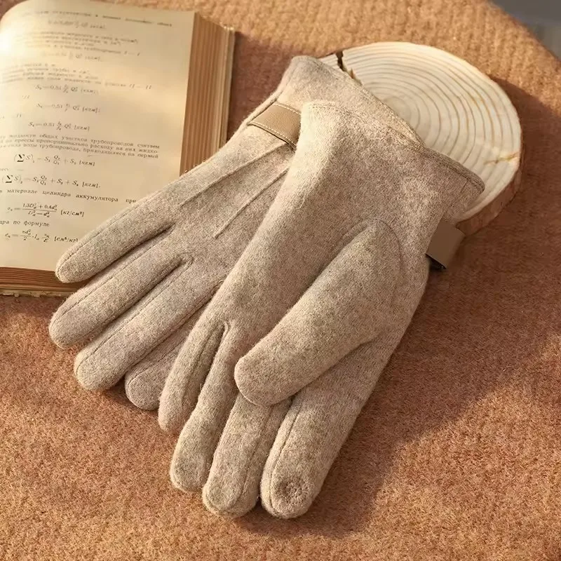 Hot sale touchscreen winter mittens custom plush lining outdoor driving men wool warm gloves