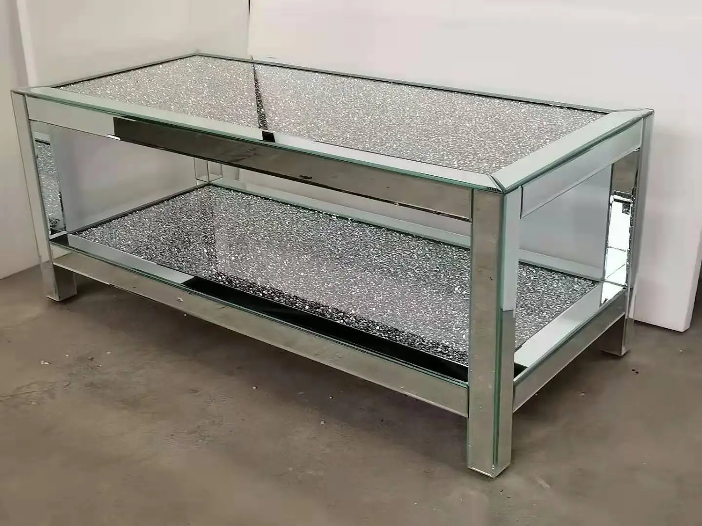 Luxury Fashion Style Sparkly Two Layers Silver Rectangle Crushed Diamond Mirrored Coffee Table for Home Hotel