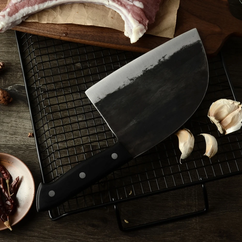 
Qing Full Tang Knife Kitchen Professional Carbon Steel Powerful Heavy Chopper Hand Forged Broad Butcher Knife for Heavy Duty 