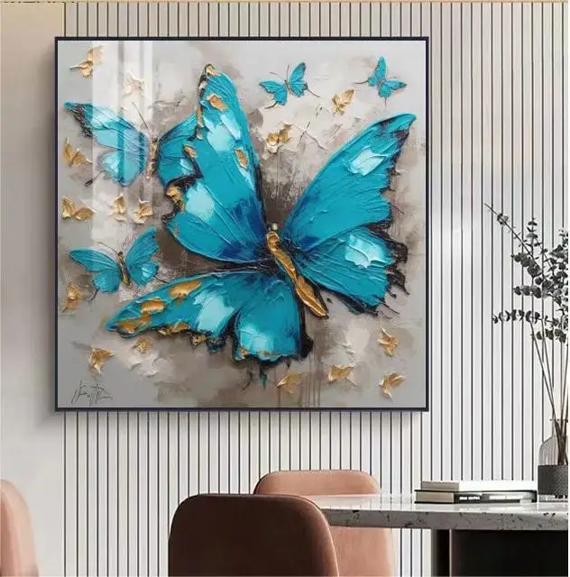 Large 3D Texture Blue Gold Butterfly Modern Oil print Painting on Canvas Custom Living Room Wall art Decor Animal Paintings