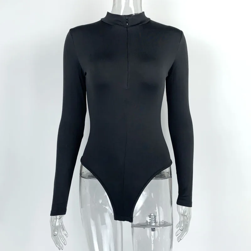 Customized Cheap Sexy Plain Tops Turtleneck Long Sleeve Zipper Fashion Bodysuit For Women