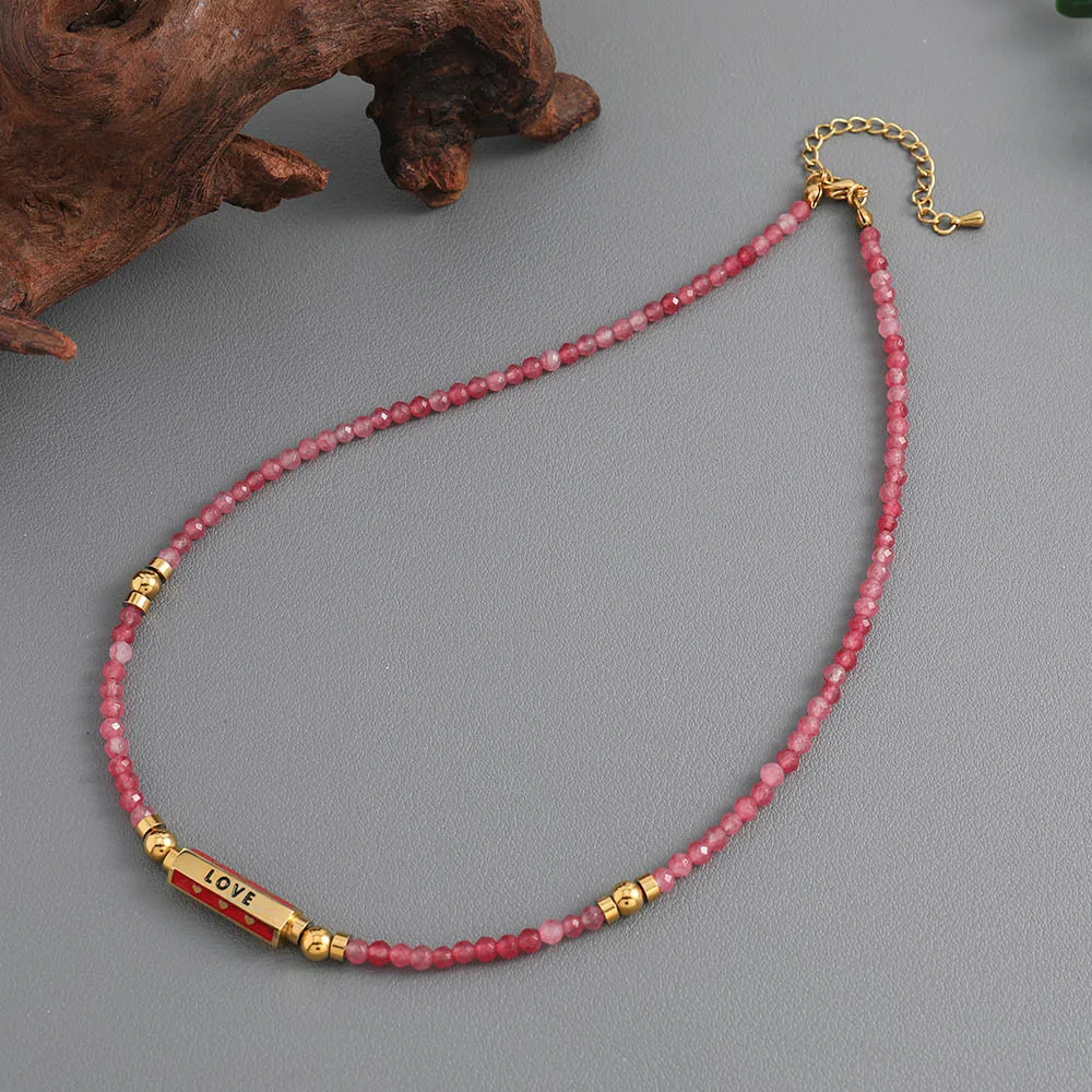 Stainless steel real gold plated LOVE pendant watermelon red natural stone bead necklaces for women new arrival 2024 women