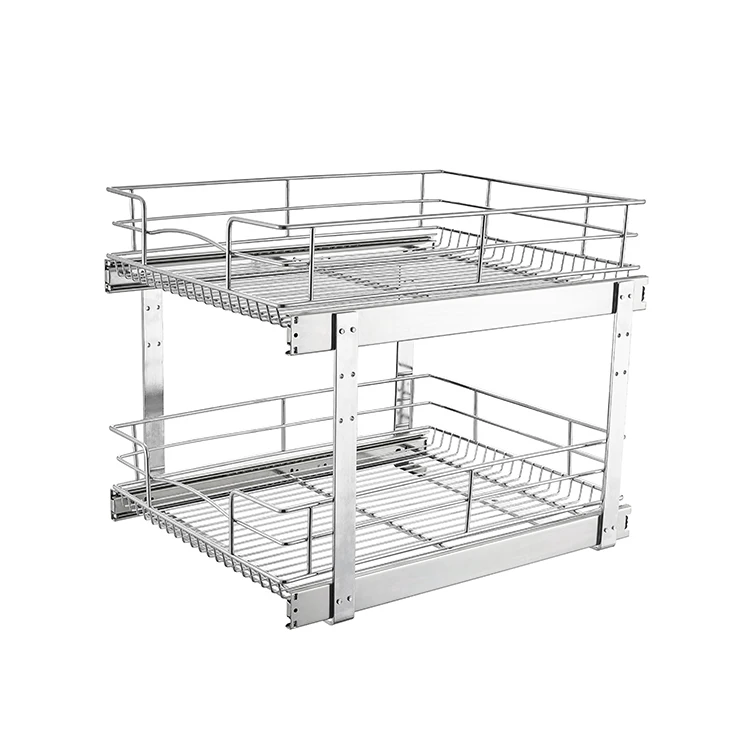 Kitchen stainless steel draw Base Cabinet 2-Tier Chrome Wire Basket Pull Out Shelf Storage Sliding Cabinet Organizer Chrome