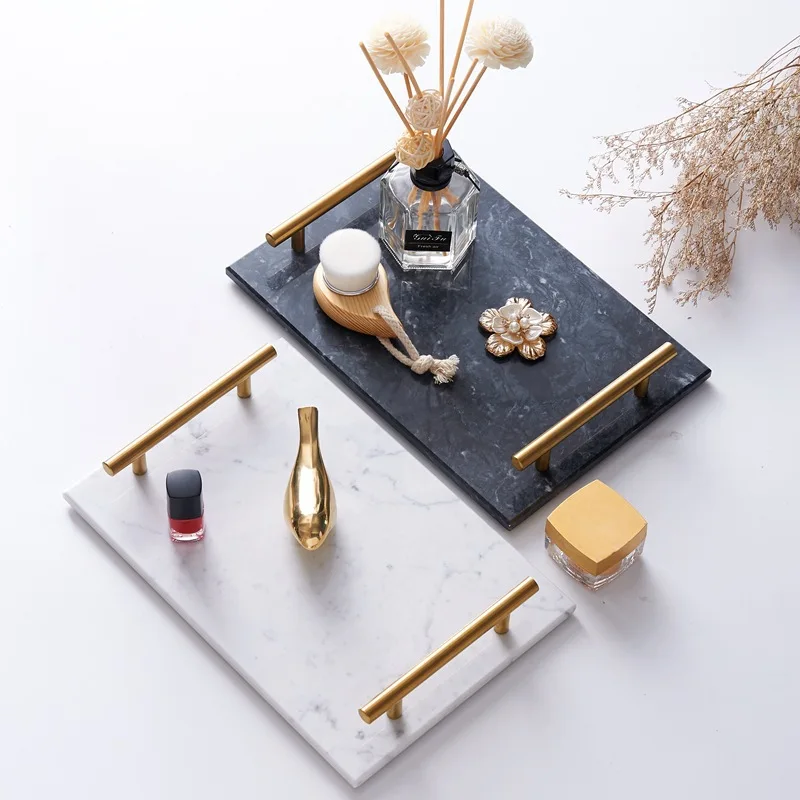 
Table luxury decoration T shape golden handles sample display marble tray 