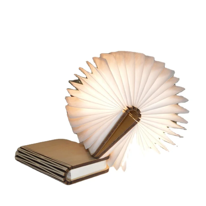 LED Folding Book Light Rechargeable Wooden Page Turning Creative Color Changing Bedroom Table Lamp