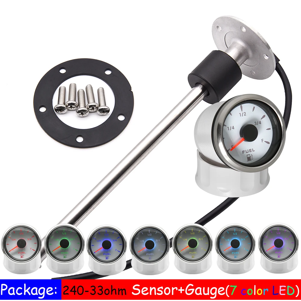 240-33 Fuel Float Sensor with 52mm Fuel Level Gauge 7 Color LED Oil Tank Level Indicator for Marine Boat Car Truck Empty to Ful
