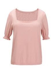 Square neck lantern sleeve T-shirt hollow out white