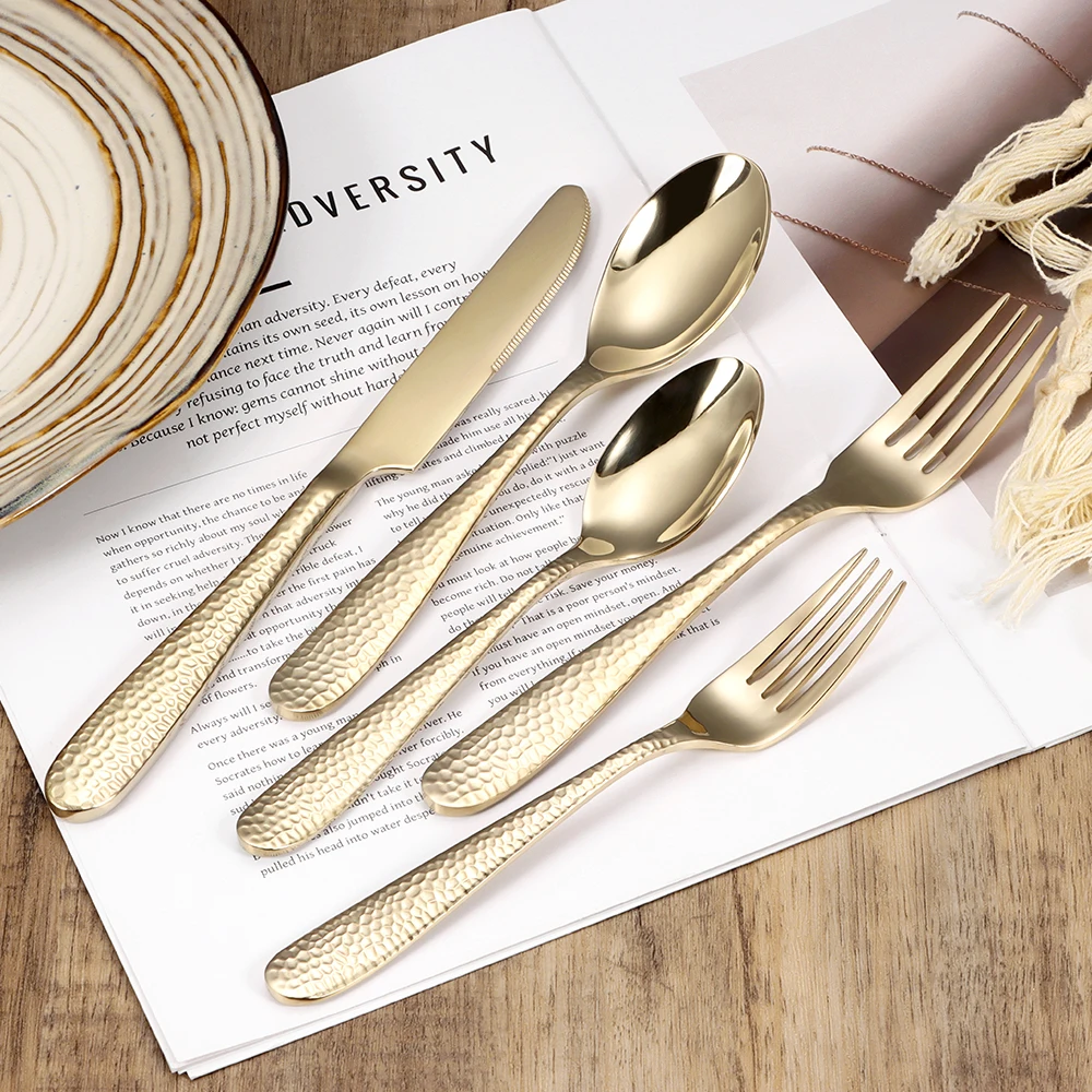 18/0 Thick Hammered Handle Stainless Steel Flatware Set Knife Fork Spoon Silverware Wedding Champagne Gold Cutlery Set