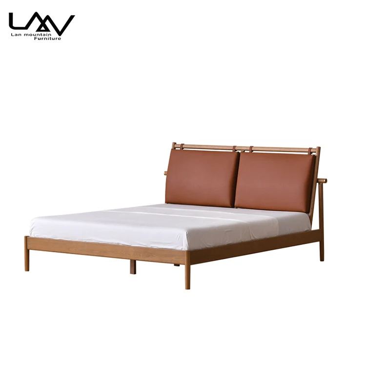 Nordic style Modern Simple solid wood 1.8 m double bed bedroom upholstered backrest leather bed furniture