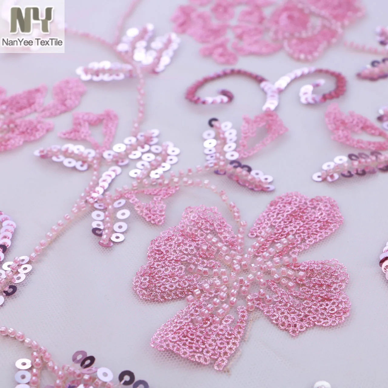 Nanyee Textile Luxury African French Lace Embroidery Light Pink Floral Beads Fabric For Dress