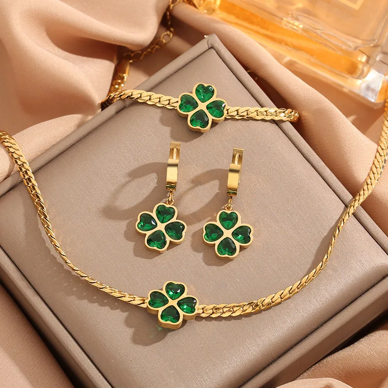 Clover necklace Four Leave Clover Fashion Women Jewelry Titanium Steel Chain Clover Earrings Necklace Ring Bracelet Jewelry Set