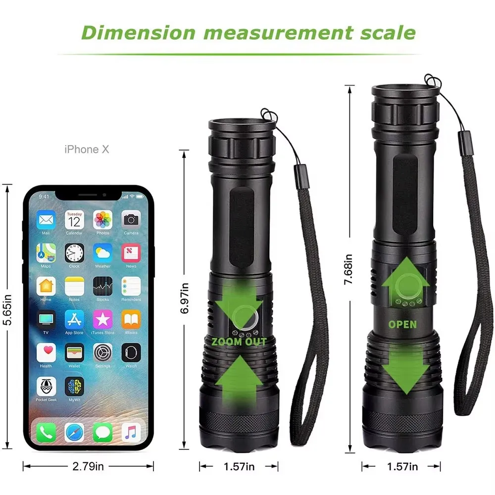 Most Powerful Torch Flashlight USB Zoom LED Torch Xhp70 Xhp50 18650 Battery 1500 Lumens Torch Lamp with suitcase