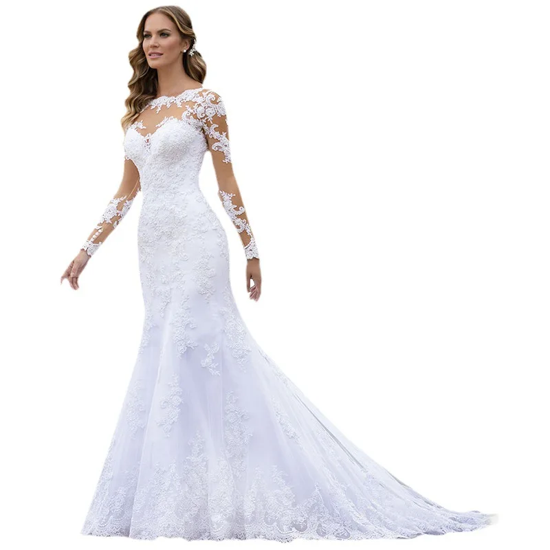 Customized wedding dress fishtail new style European style slim sexy long sleeves leaky back wedding banquet
