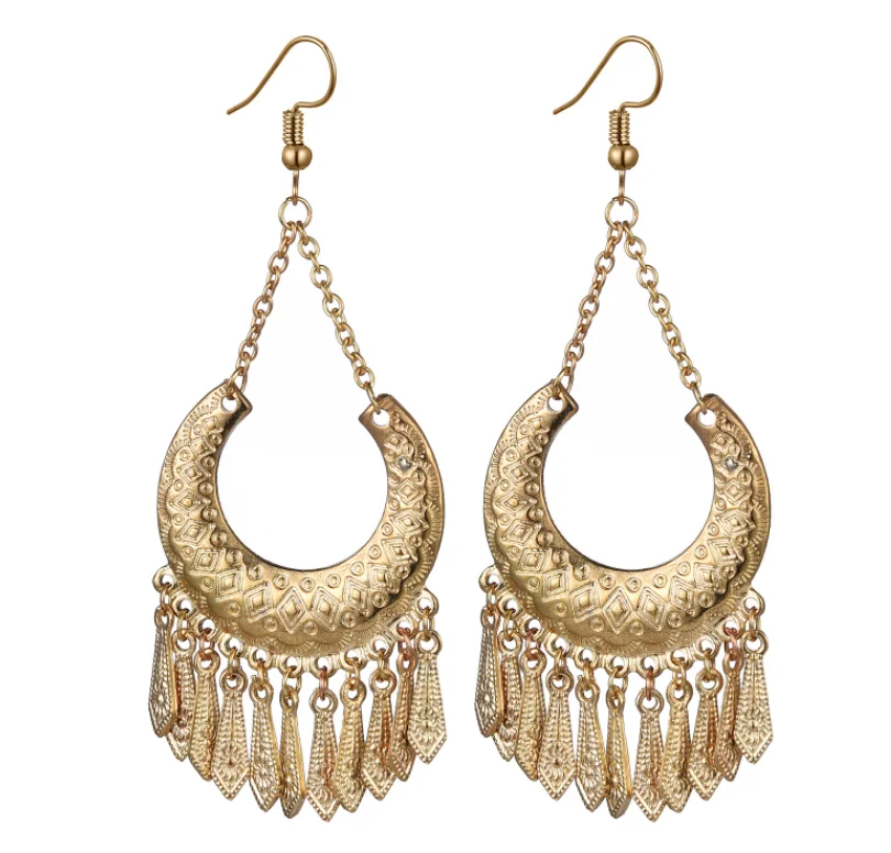 Bohemian Moon Shaped Earrings Tassel Exaggerated Earrings Jewelry Retro Palace Exotic Long Earrings