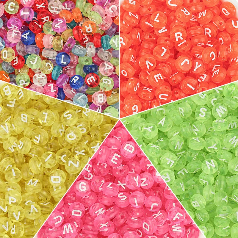 100pcs/bag Colorful Acrylic Alphabet Beads Transparent Candy Color Flat Round Loose Beads DIY Bracelet Beading Materials