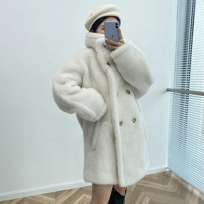 Winter Thick Teddy Fur Coats Korea Women Turn Down Collar Sheep Shearling Teddy Wool Coat