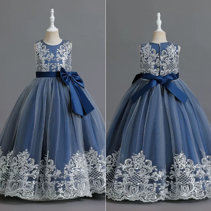 Elegant Cute Kids Dress Mesh Lace Embroidery Performance Princess Dress Bow Wedding Flower Girl Tulle Party Dress Girls