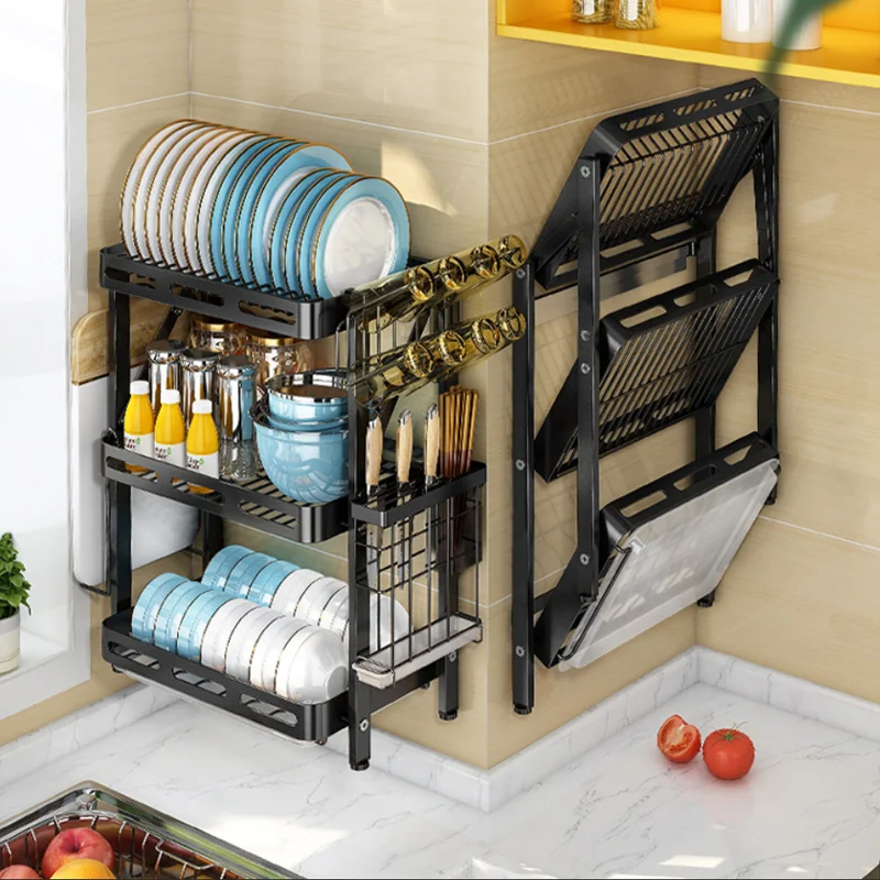 Foldable 2 Tier 3 Tier Dish Rack Kitchen Organizer Dish Drying Rack Over Kitchen Sink Counter Top Storage Holders & Racks