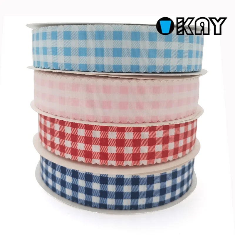 OKAY Customized Character White Grosgrain weave Gingham Check Scalloped Streamer for Hair Bow