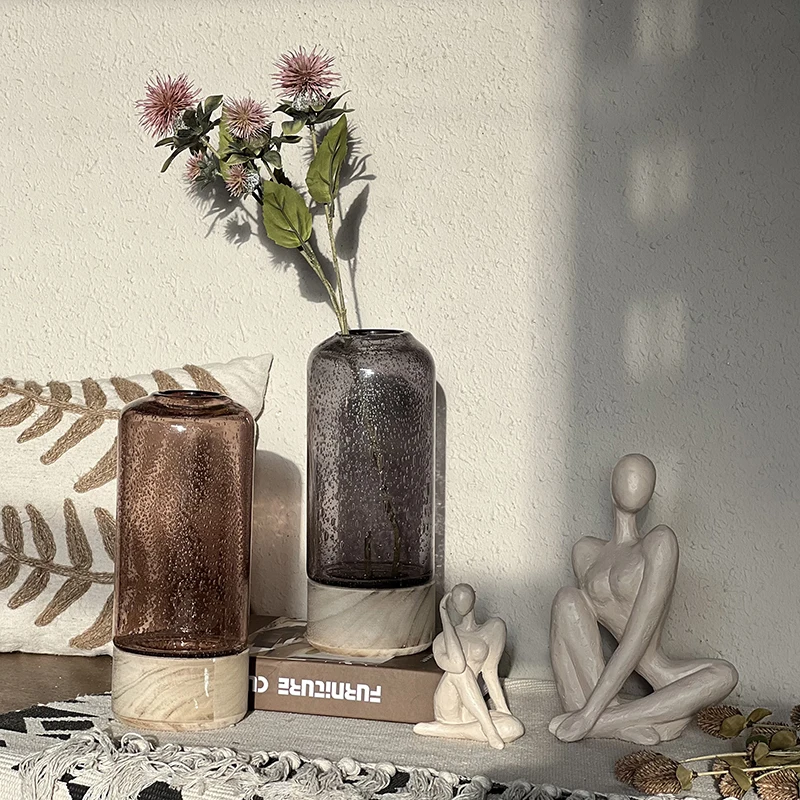 Glass Flower Vase Cylinder  Wooden Stand Vase For Home Decor