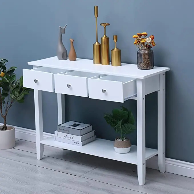 White Console Table with Shelf and Drawers Modern Entryway Wooden Hallway Bedroom Console Side Table