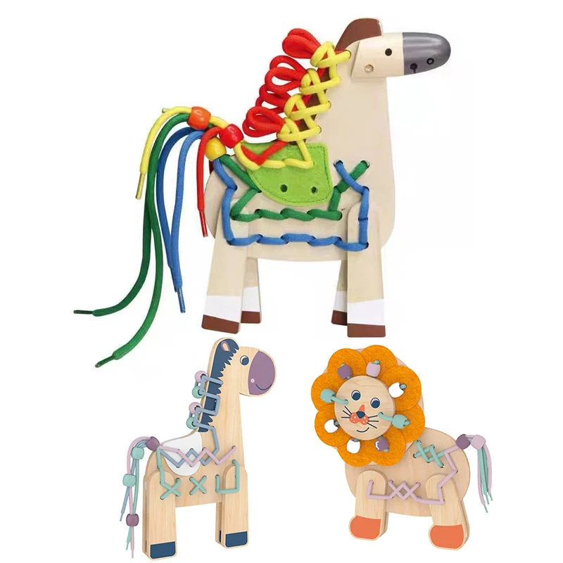 Wooden animal games shape DIY hands-on assembly educational toys Lacing horse