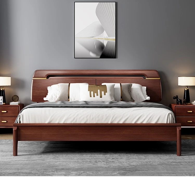 Solid wood bed modern light luxury solid wood kingdom size red sandalwood golden wedding bed bedroom furniture