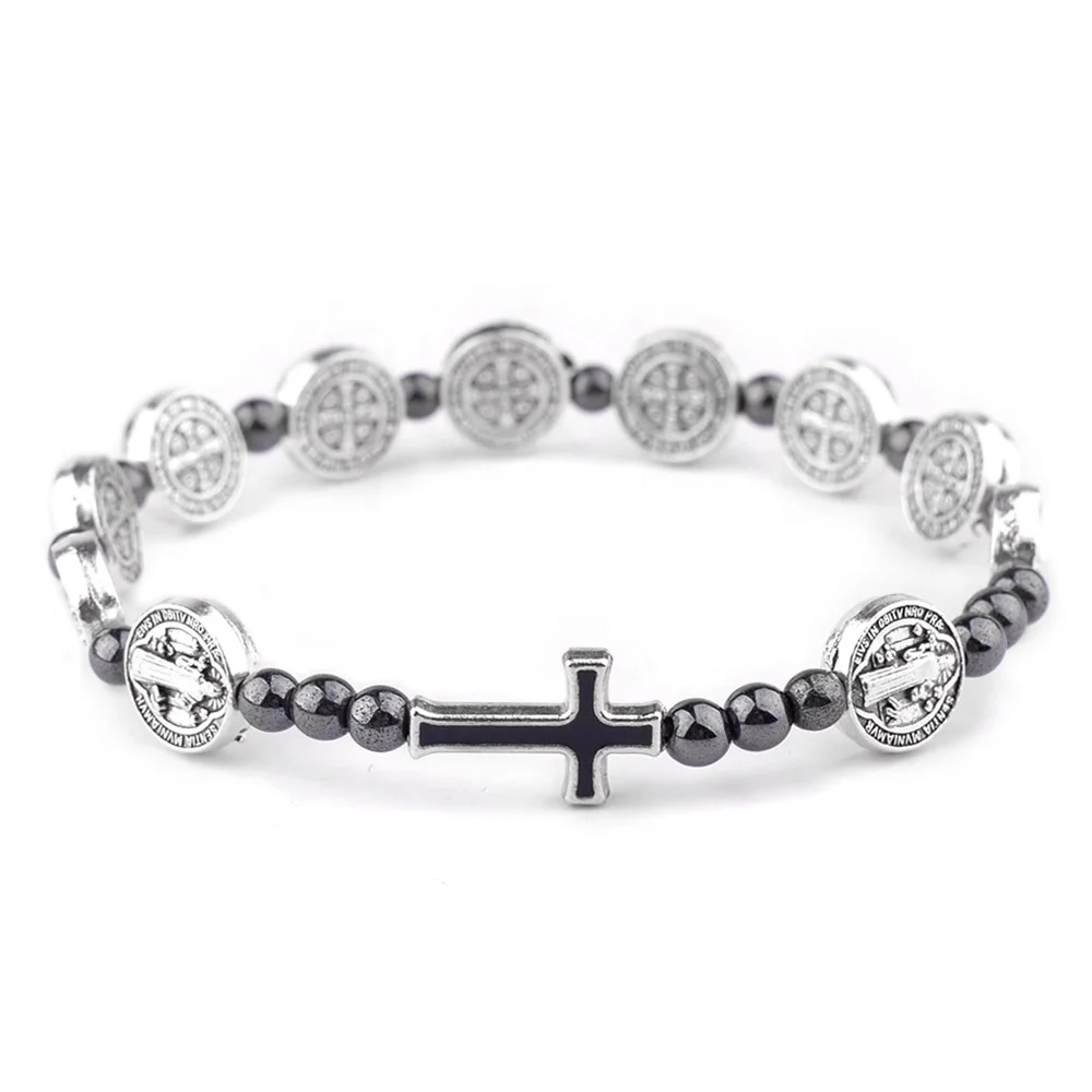 Hematite Crucifix Bracelet Elastic St Benedict Metal Beads Hematite Men Bracelet