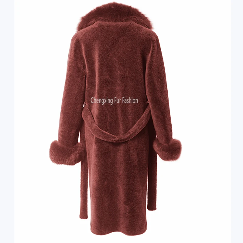 CX-G-T-74D Fox Fur Shawl Collar and Cuffs Decorative Warm Shearing Sheep Wool Jacket Winter Fur Coat