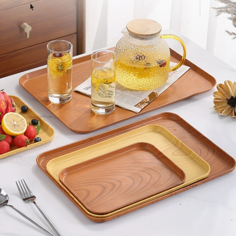 Large Capacity Disposable Rectangular Tray Wheat Straw PLASTIC Oak Grain Modern Dim Sum Dessert Fruit Tray Tea Set Barbecue