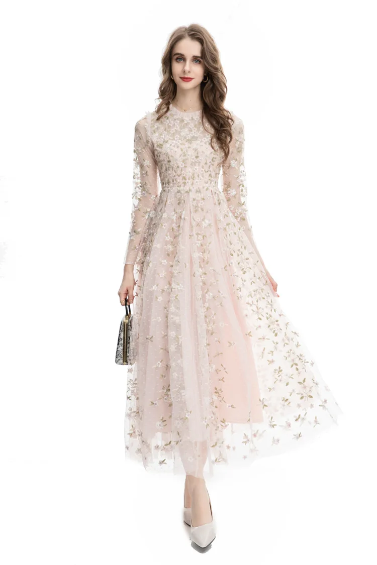 XXL Long Embroidery Dress 2024 Spring Wedding Party Dress for Women Allover Luxurious Embroidery Long Sleeve Maxi Dress Occasion