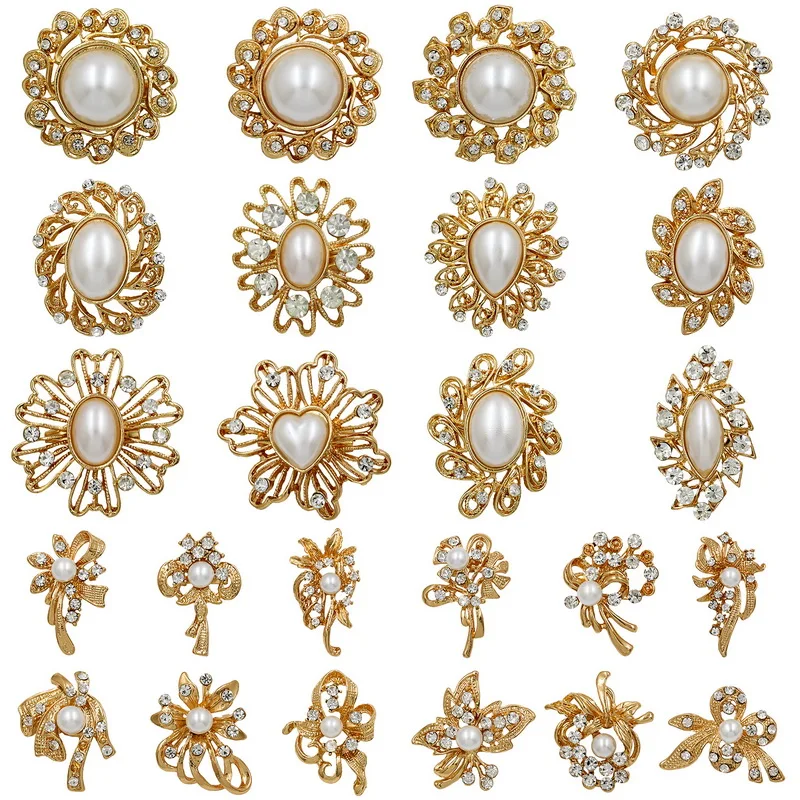 High Quality Lots of 24 Pcs Mixed Small and Medium Size Imitation Pearl Brooch Pins Set for DIY Wedding Bouquets Kit