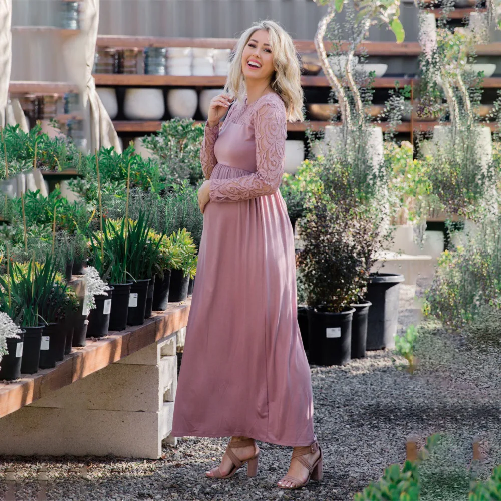 
Drop shipping for 2021 new solid color pregnant women lace hollow long-sleeved dress long skirt 