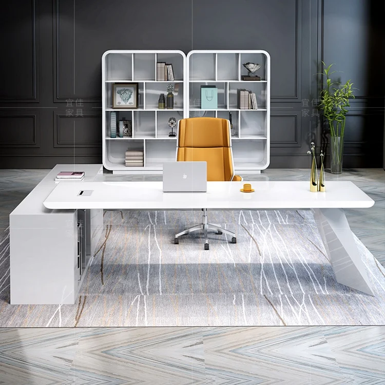 High Glossy White Wooden L Shaped CEO Office Table Furniture Luxury Executive Manager Office Desk