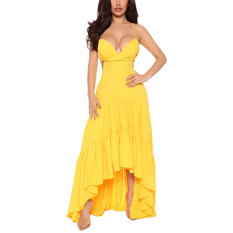 2022 Yellow Womens Club Maxi Dresses Backless Robe Party Kleding Sexy Long Dress