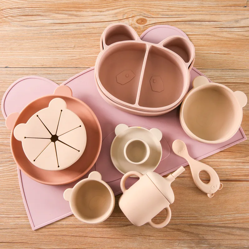 hot sale new Food Grade Soft Silicone Toddler  Feeding Eating Utensils Dishes Set
