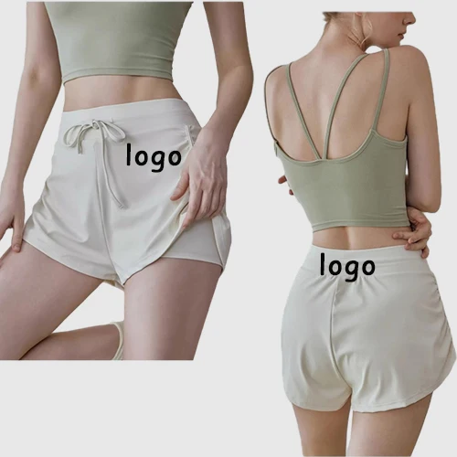 Wholesale Women Quick Dry Double Layer 2-in-1 Running Yoga Shorts Drawstring Flowy Hem Fitness Workout Athletic Wear Clothing
