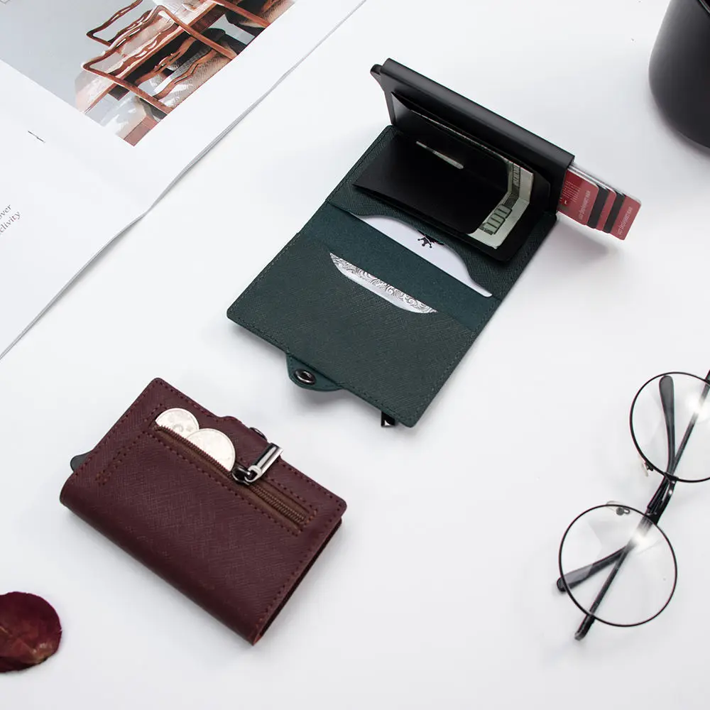 Custom Logo RFID Genuine Leather Wallet for Women Men Metal Card Holder RFID cardholder Porte Carte