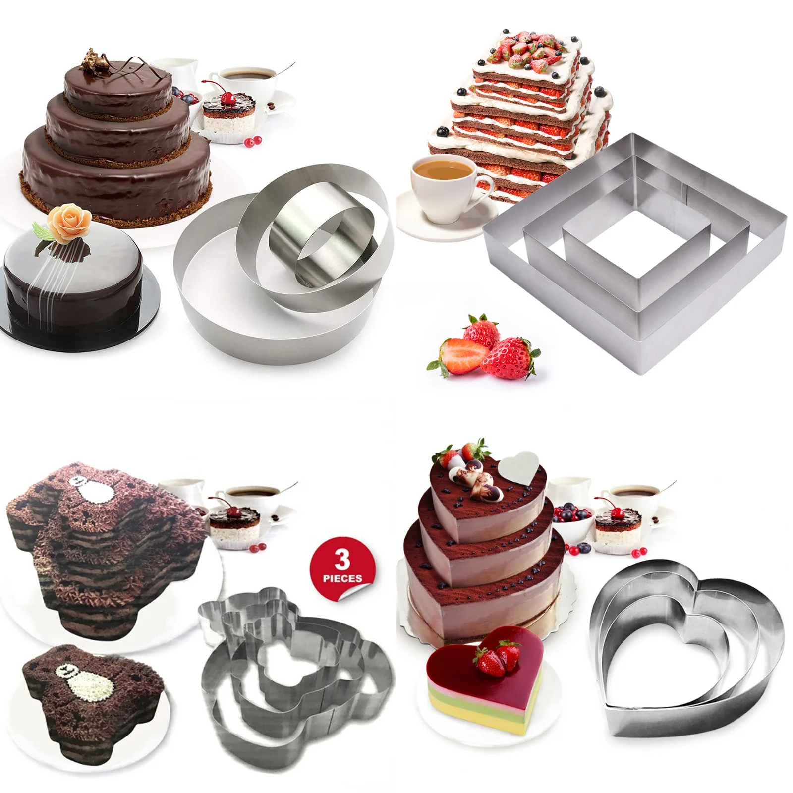 Mousse Circular Heart Flower Shaped Square 3-piece Set of Baking Cake Molds