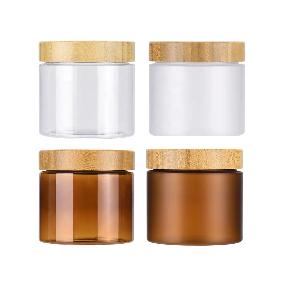 Food Grade 50g 150g 250g 500g clear amber Frosted Plastic pet cosmetic cream jar with bamboo wooden lids