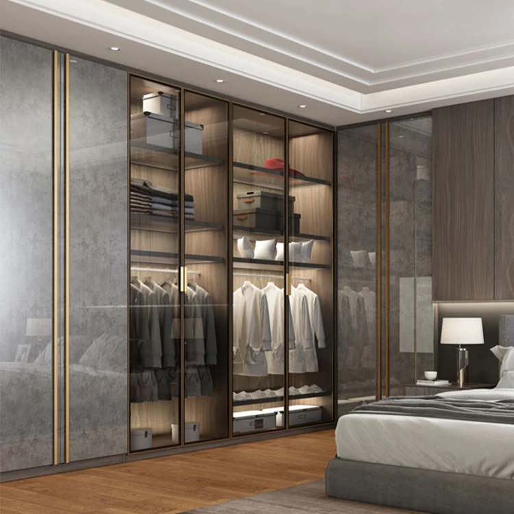 Cheap price custom made white wood storage cabinet wardrobes furniture design modern bedroom glass door wardrobe