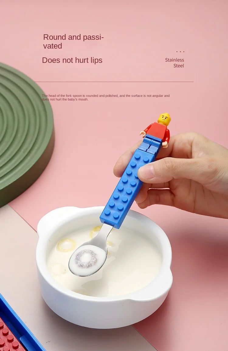 Stainless Kids Funny Fork Spoon Set Children Building Block Toys Cartoon Steel Tableware Portable Storage Jigsaw Puzzle Toys